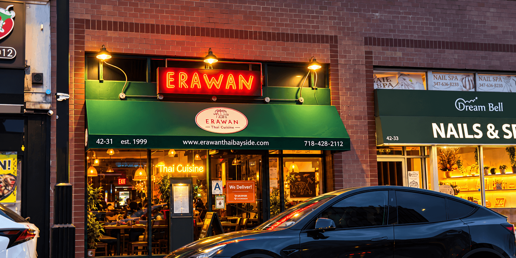 Erawan Thai restaurant exterior with neon sign and green awning at dusk