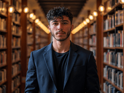 Young man in a black blazer stands confidently between library bookshelves