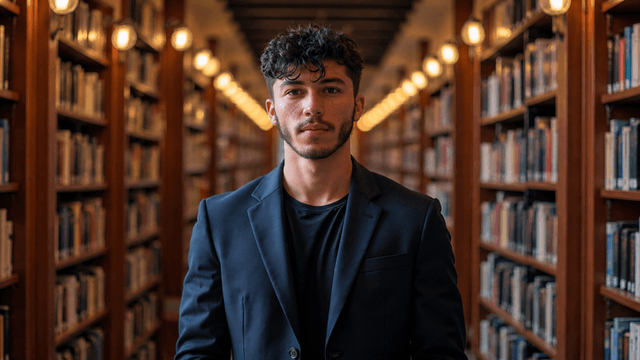 Young man in a black blazer stands confidently between library bookshelves