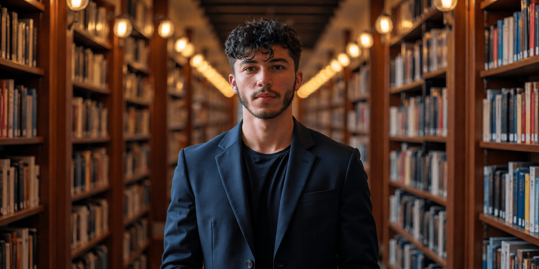 Young man in a black blazer stands confidently between library bookshelves