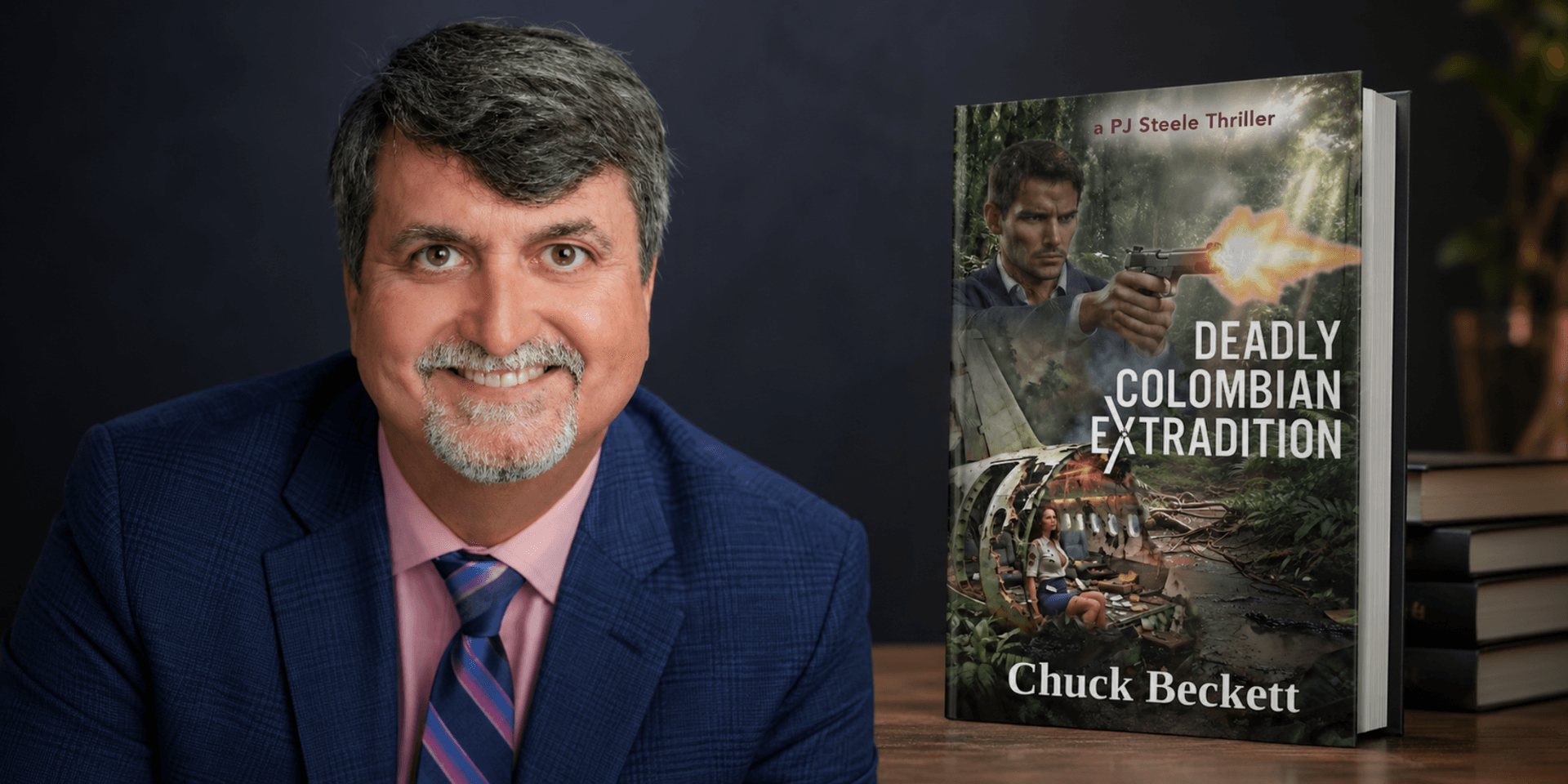Smiling man beside a book titled "Deadly Colombian Extradition" in a dark setting
