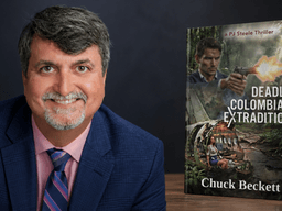 Smiling man beside a book titled "Deadly Colombian Extradition" in a dark setting
