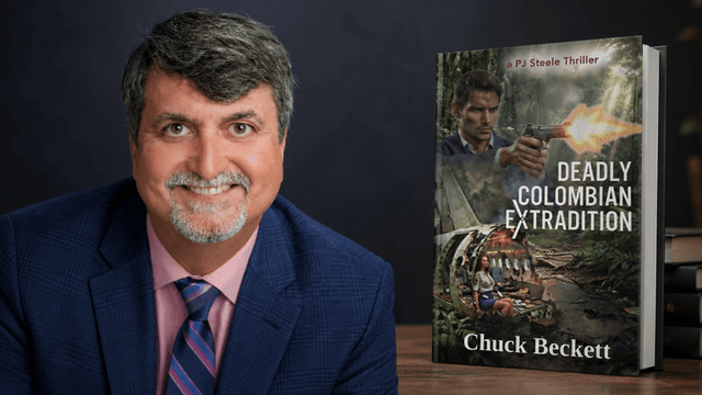 Smiling man beside a book titled "Deadly Colombian Extradition" in a dark setting