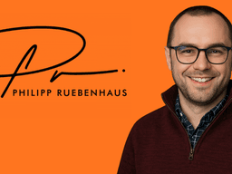 Man with glasses smiling against an orange background and signature logo displayed