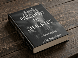 A screenplay titled "Freedom in Shackles" resting on a wooden surface.