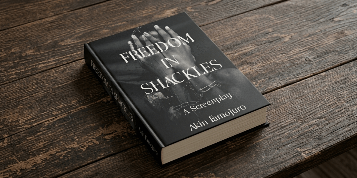 A screenplay titled "Freedom in Shackles" resting on a wooden surface.