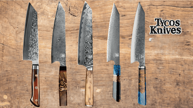 A collection of Tycos Knives featuring Damascus steel blades, showcasing precision craftsmanship, with intricate handles on a wooden background.