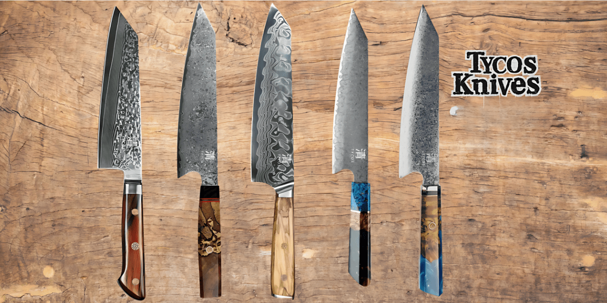 A collection of Tycos Knives featuring Damascus steel blades, showcasing precision craftsmanship, with intricate handles on a wooden background.