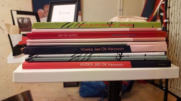 Books by Viveka Jae Ok Hansson, including titles like 'Odd Jade' and 'Jae Ok Gong,' reflecting her creative journey.