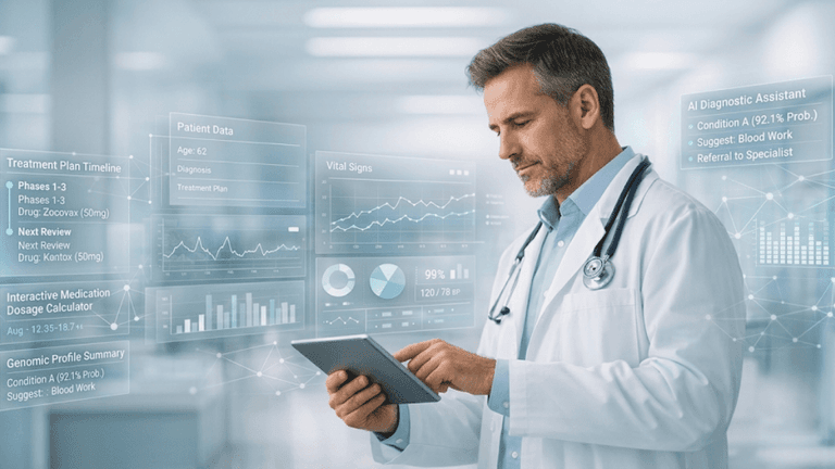 Doctor reviewing patient data through digital interface with vital signs, treatment plans, and AI suggestions.