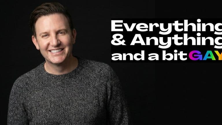 Smiling podcast host Zach Randles-Friedman beside “Everything & Anything and a bit GAY” podcast logo on a black background.