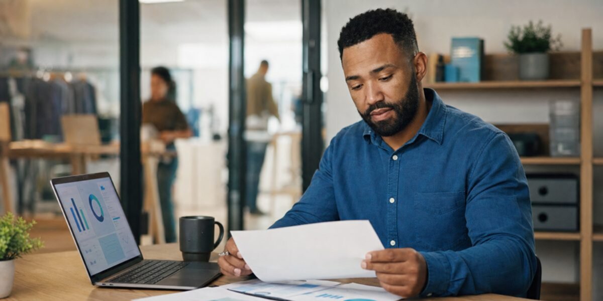 Business owner reviewing financial documents beside a laptop displaying charts, illustrating retirement planning and small business compliance.