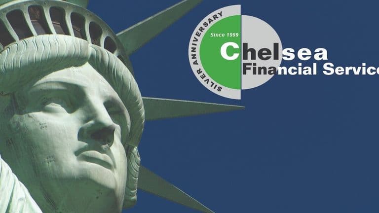 Close-up of the Statue of Liberty against a blue sky, with a green and silver anniversary logo of "Chelsea Financial Services" on the right.