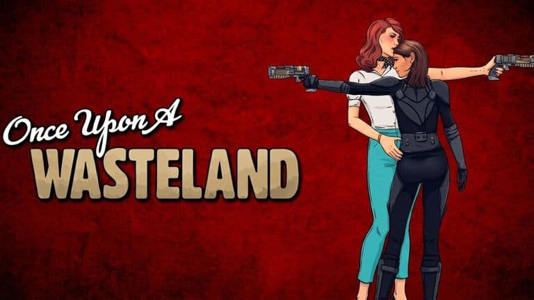 Promotional artwork for Once Upon a Wasteland featuring two illustrated women back-to-back with futuristic pistols.