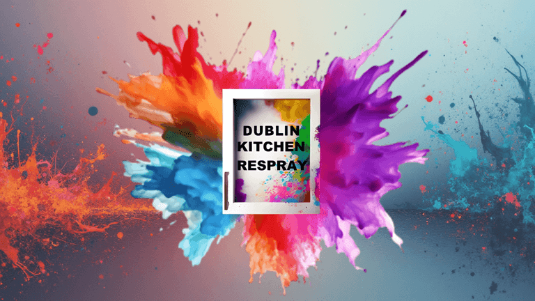 Colorful paint splashes surround the text 'Dublin Kitchen Respray,' representing kitchen transformations and innovation in Dublin.