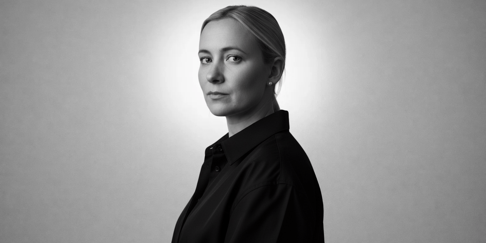 Black-and-white portrait of woman in dark shirt, looking over shoulder against plain background.