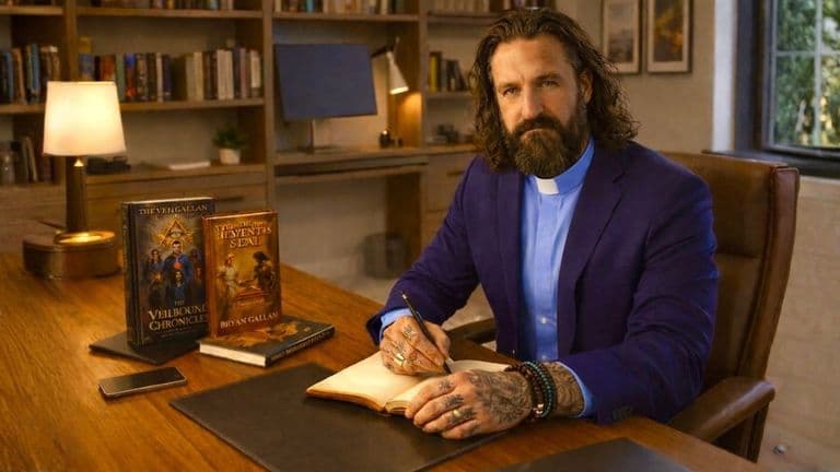 A bearded man in a purple suit, seated at a desk with books, writing in an open notebook.