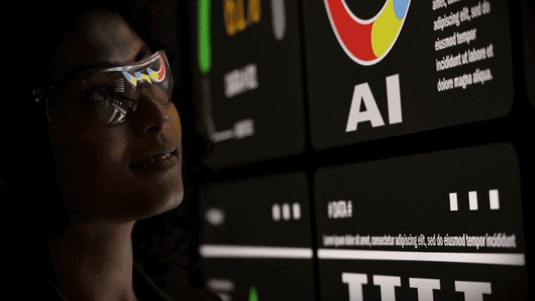Person wearing smart glasses viewing AI interface displayed across multiple digital screens.