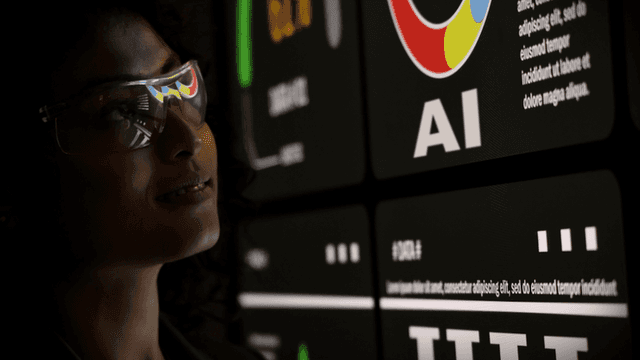 Person wearing smart glasses viewing AI interface displayed across multiple digital screens.