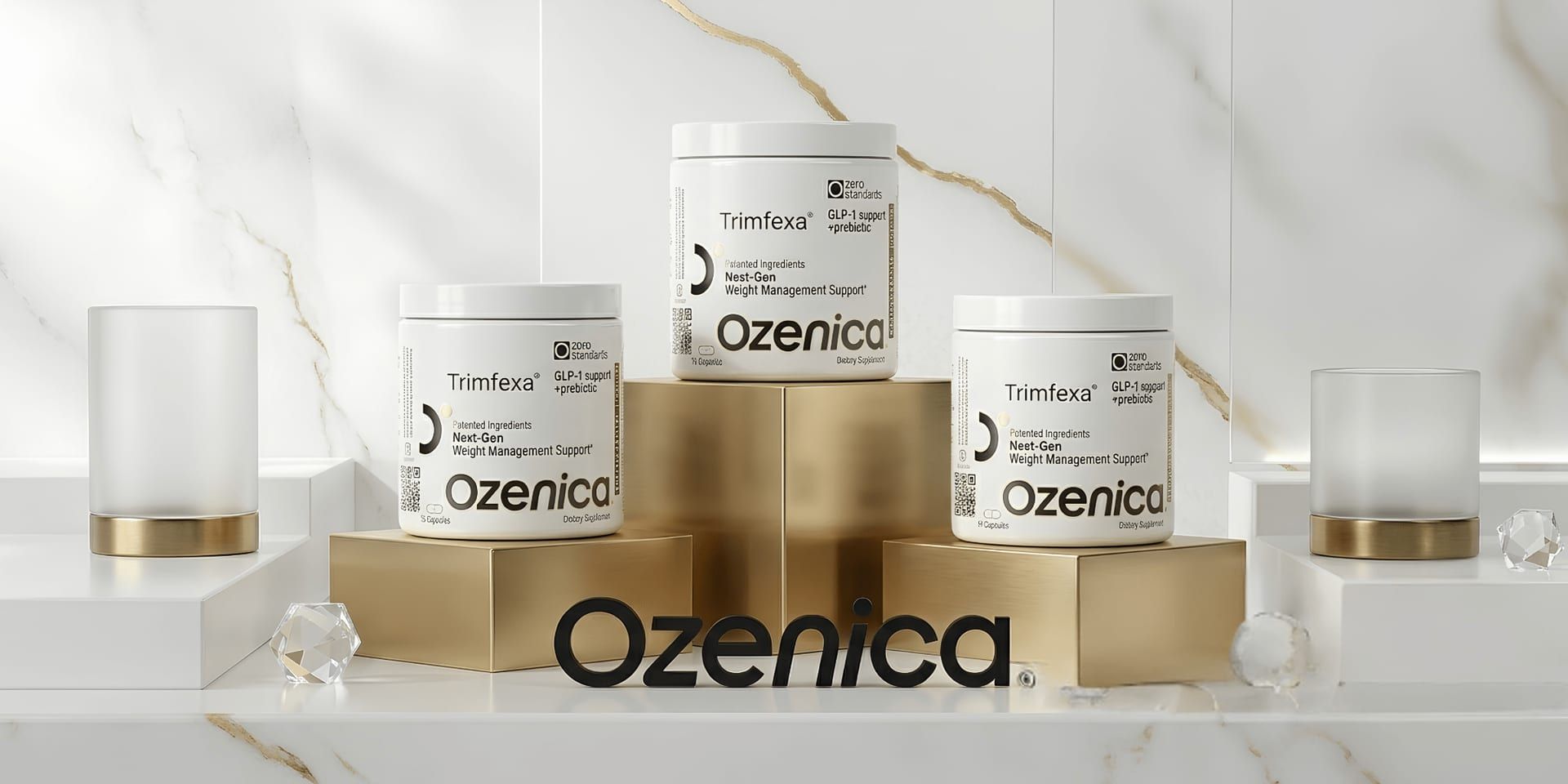 Three Ozenica wellness supplement containers displayed on elegant gold platforms in a modern luxury setting.