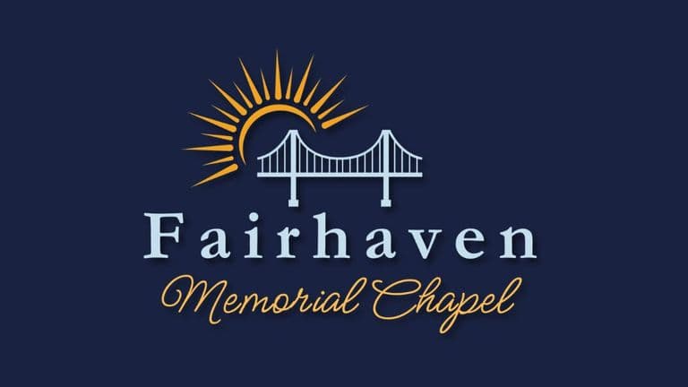 Logo for Fairhaven Memorial Chapel on a dark blue background, featuring a stylized bridge beneath a rising sun, with "Fairhaven" in bold white and "Memorial Chapel" in elegant cursive gold below.