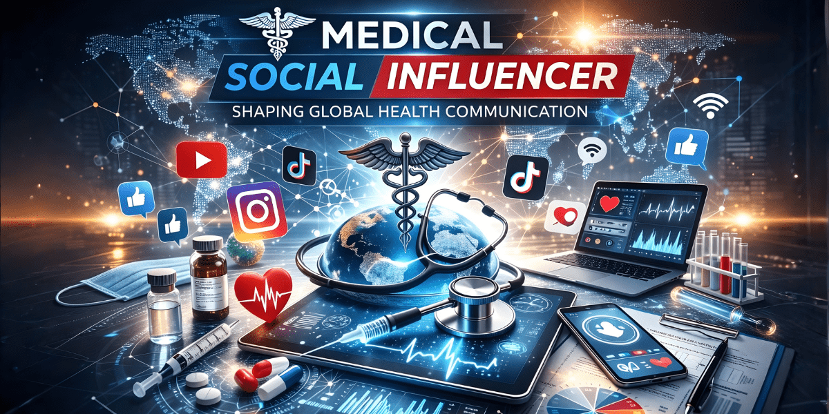 Digital physicians influencing global health, surrounded by social media icons and a world map.