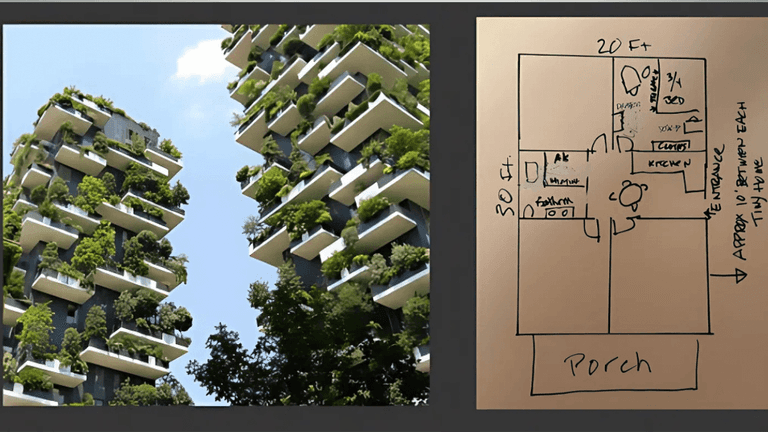 Rendering of eco-friendly high-rise buildings with green terraces and a hand-drawn floor plan for a tiny home layout.