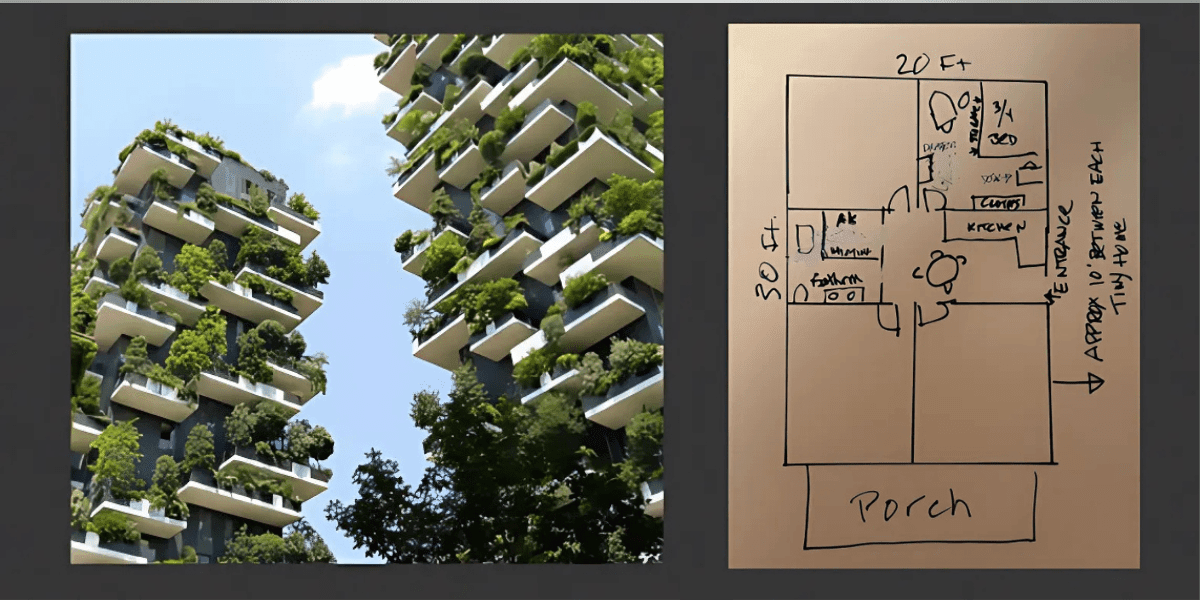 Rendering of eco-friendly high-rise buildings with green terraces and a hand-drawn floor plan for a tiny home layout.
