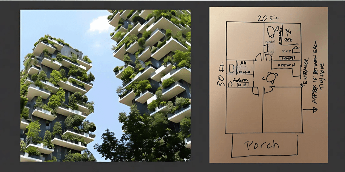 Rendering of eco-friendly high-rise buildings with green terraces and a hand-drawn floor plan for a tiny home layout.