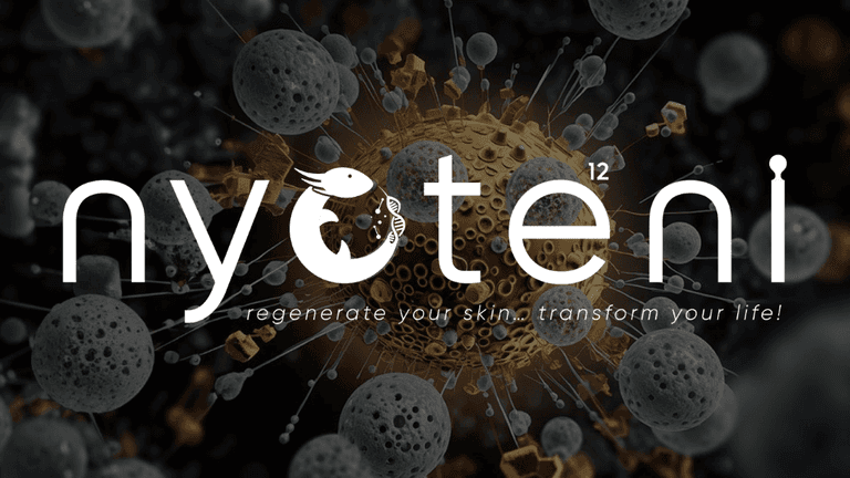 Nyoteni exosome night cream logo with cellular imagery; promotes skin regeneration and anti-aging benefits during sleep.