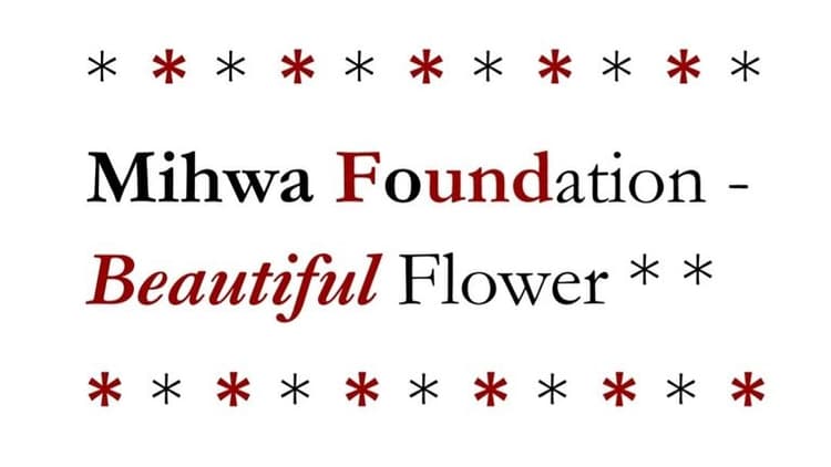 "Mihwa Foundation - Beautiful Flower" in stylized text, framed by decorative red and black stars.