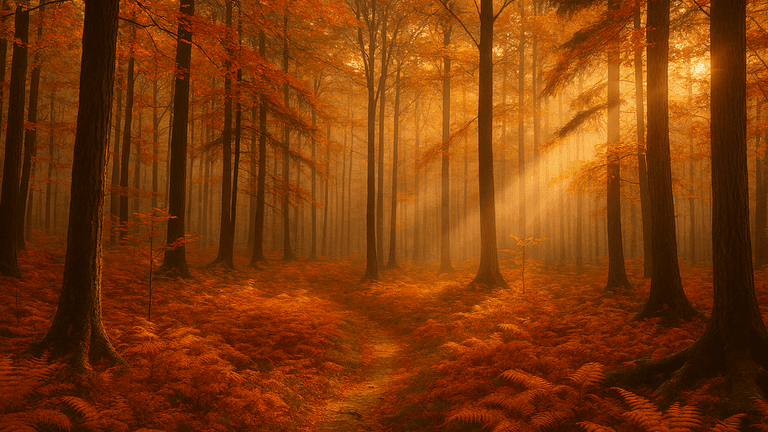 Golden sunlight filters through tall autumn trees in a serene forest, symbolizing peace, mindfulness, and soulful connection with nature.