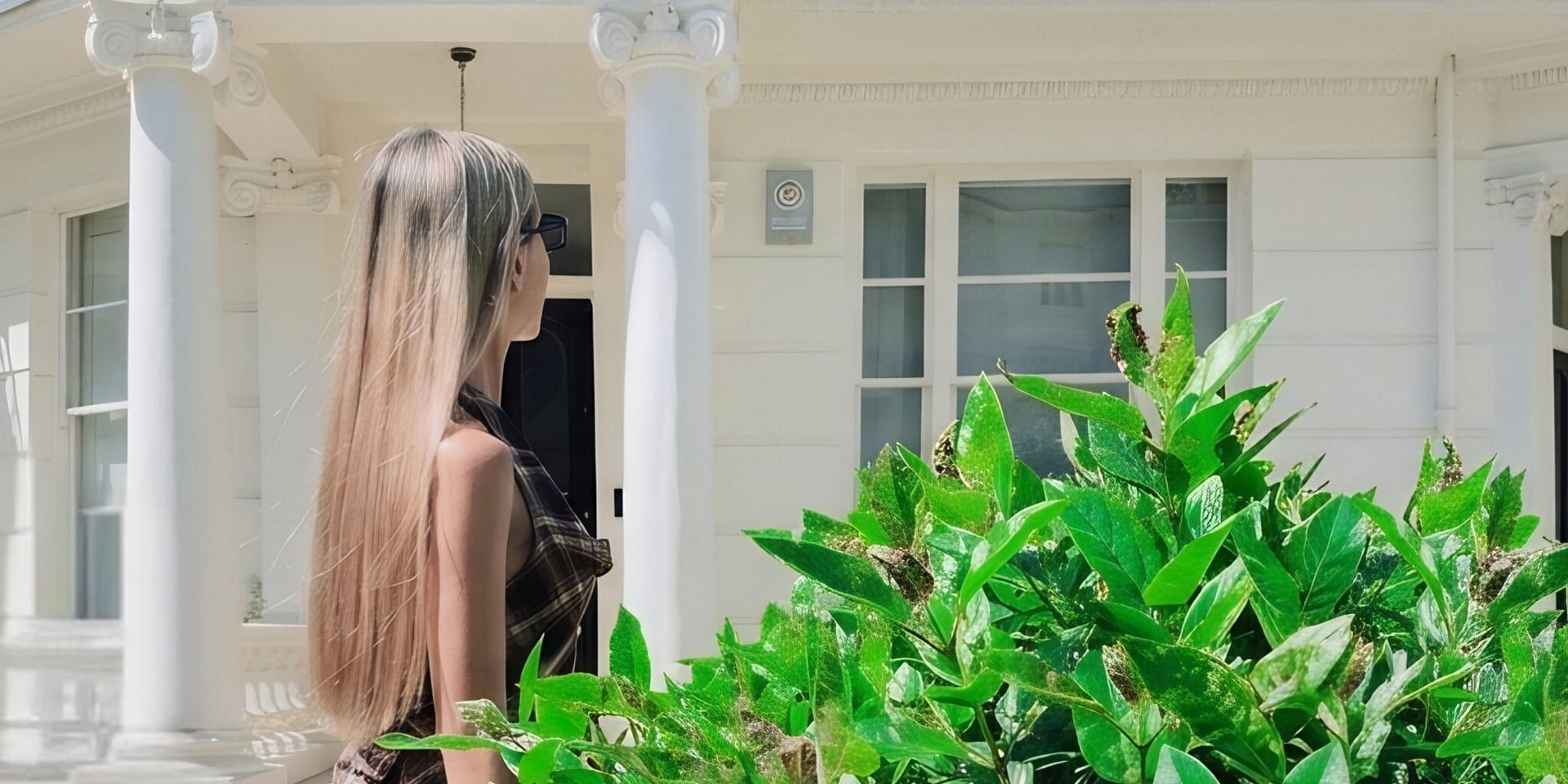 Woman with long blonde hair and sunglasses beside bright green plants outside white-columned house.