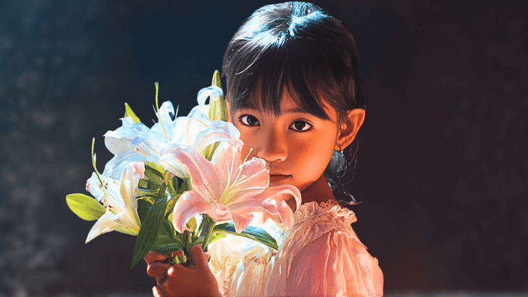 Young girl holding lilies, softly lit, gazing forward with calm expression against dark background.