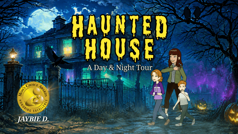 **Cover illustration for *Haunted House: A Day & Night Tour* featuring a spooky mansion, children, and Halloween elements.**