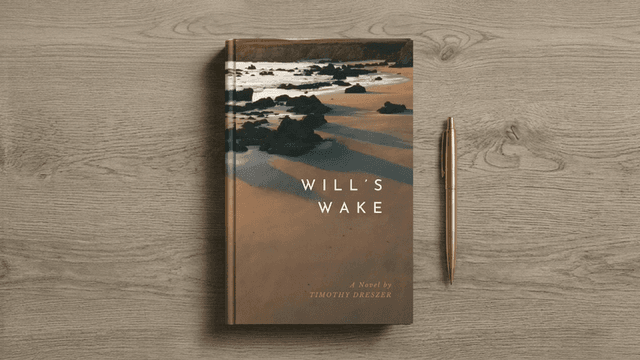 Hardcover copy of Will's Wake by Timothy Dreszer beside a gold pen on a wooden surface.