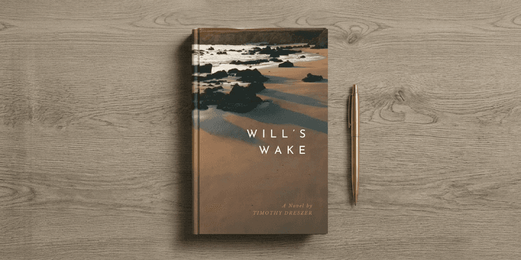 Hardcover copy of Will's Wake by Timothy Dreszer beside a gold pen on a wooden surface.