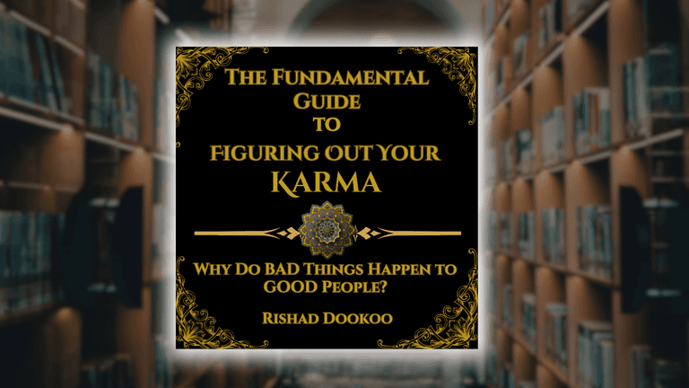 Cover of 'The Fundamental Guide to Figuring Out Your Karma' by Rishad Dookoo, featuring the book title and a background of bookshelves in a library.
