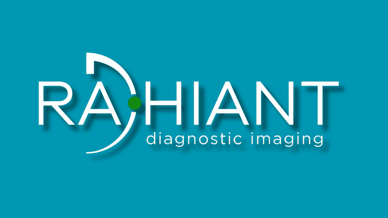 Logo for RAHIANT Diagnostic Imaging with the text 'RAHIANT' in bold letters and a green circle representing imaging, on a turquoise background.