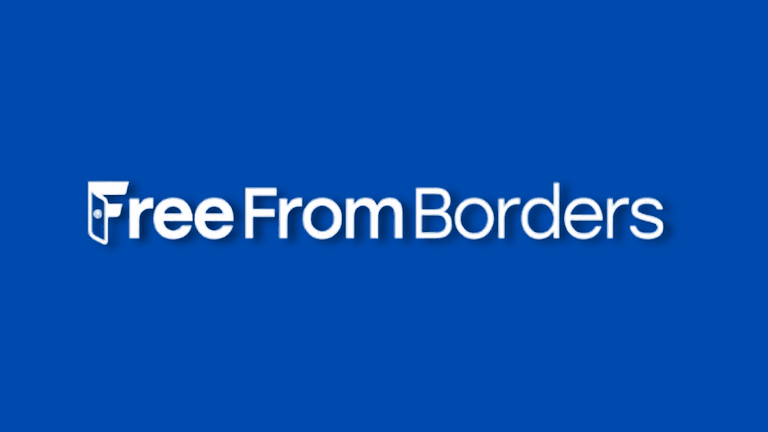 Logo of FreeFromBorders, featuring clean white text on a bold blue background, with a symbolic lock incorporated into the design.