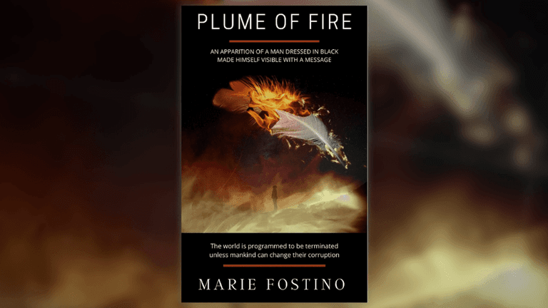 Book cover for Plume of Fire by Marie Fostino, featuring a fiery apparition delivering a message about the world's fate.