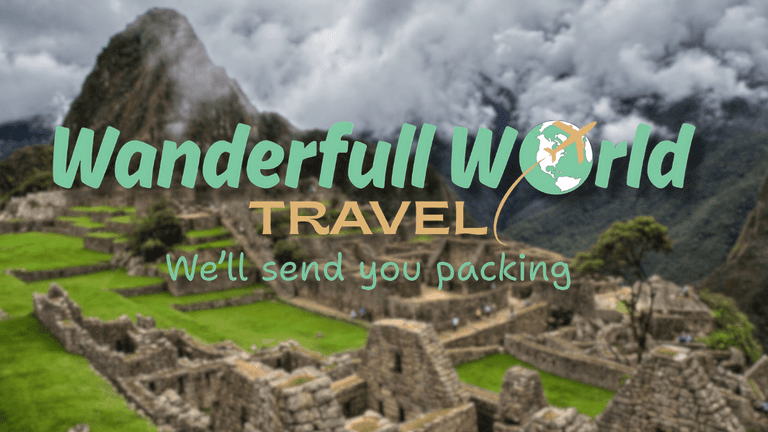 Wanderfull World Travel logo over a blurred image of Machu Picchu, with the tagline 'We'll send you packing' and a globe and airplane icon.