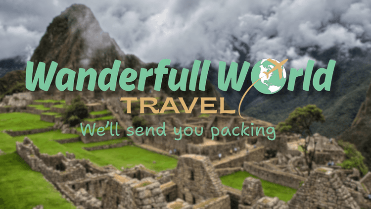Wanderfull World Travel logo over a blurred image of Machu Picchu, with the tagline 'We'll send you packing' and a globe and airplane icon.