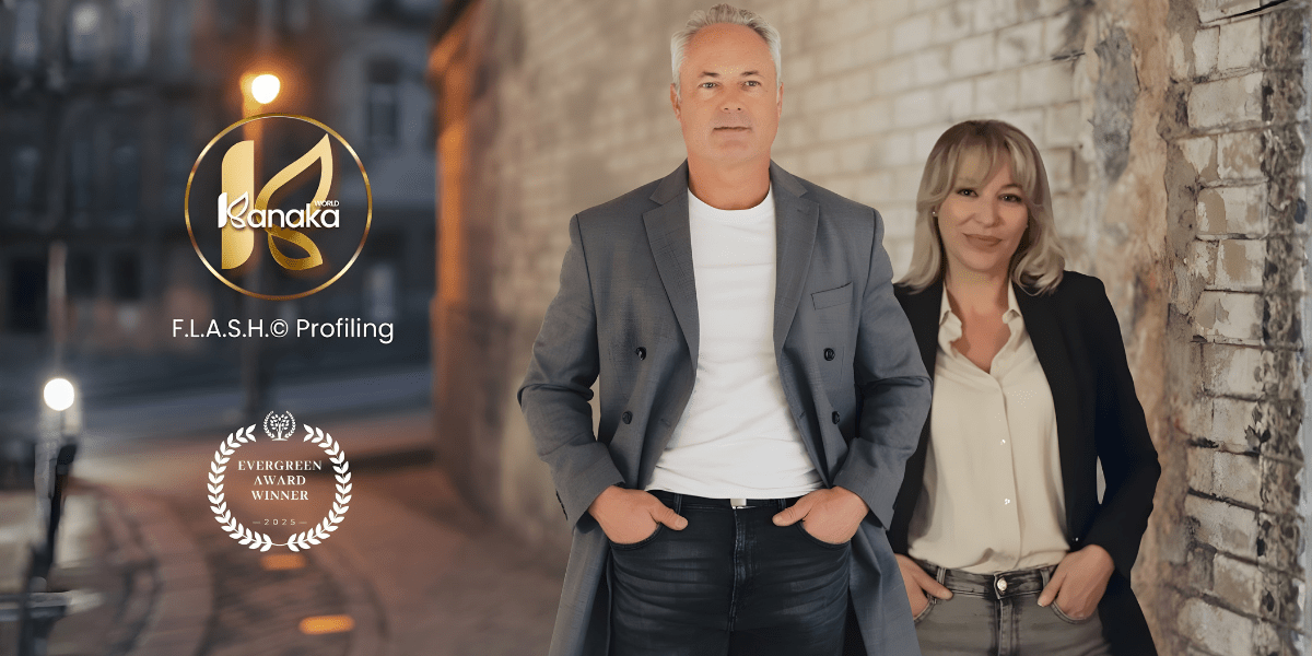 "Yannick Zoude and Elza Toubol Dedieu, co-founders of KANAKA, stand together promoting F.L.A.S.H.© Profiling, an innovative behavioral technology."