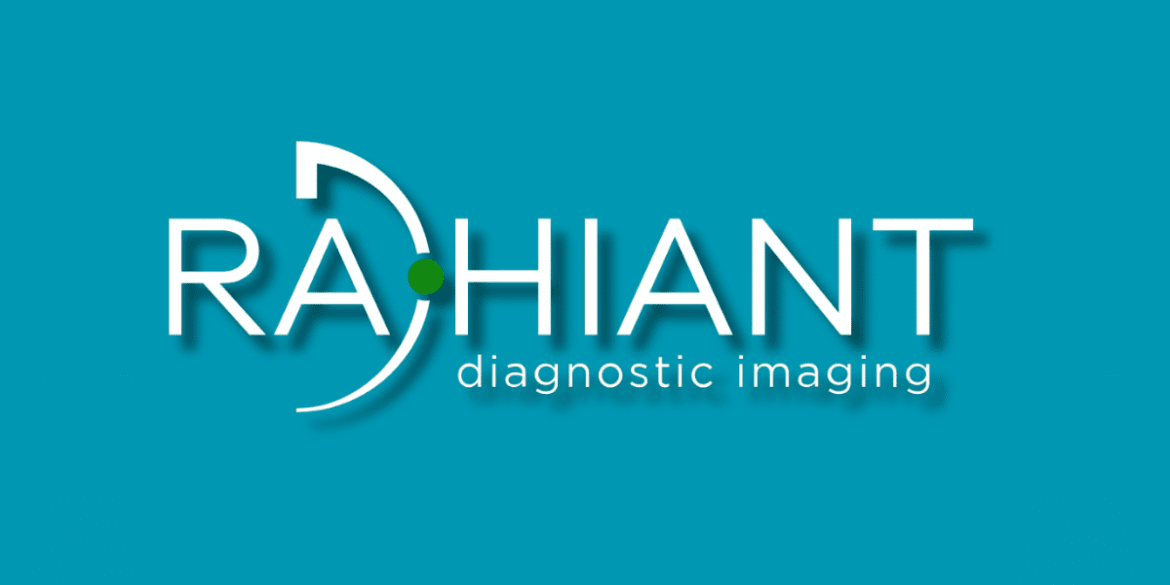 Logo for RAHIANT Diagnostic Imaging with the text 'RAHIANT' in bold letters and a green circle representing imaging, on a turquoise background.