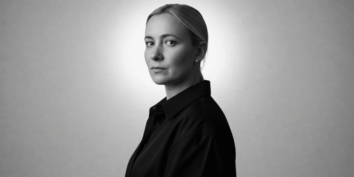 Black-and-white portrait of woman in dark shirt, looking over shoulder against plain background.