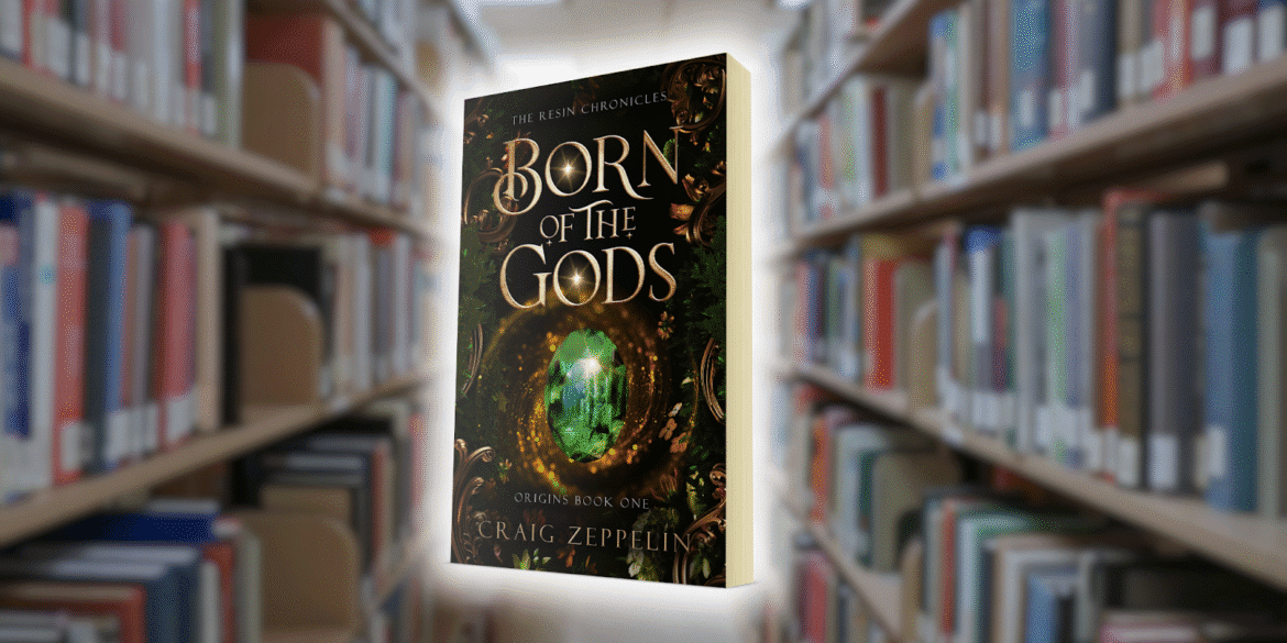 "Book cover of Born of the Gods from The Resin Chronicles by Craig Zeppelin, featuring a glowing green gemstone with intricate golden detailing, set against a blurred library background, symbolizing a fantasy adventure."