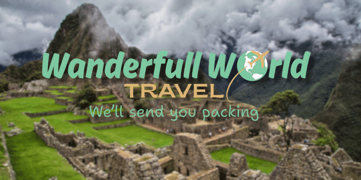 Wanderfull World Travel logo over a blurred image of Machu Picchu, with the tagline 'We'll send you packing' and a globe and airplane icon.
