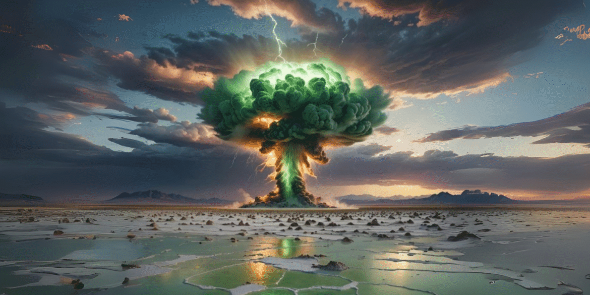 Apocalyptic nuclear explosion in a desolate landscape, symbolizing chaos and destruction in a thrilling sci-fi horror novel.