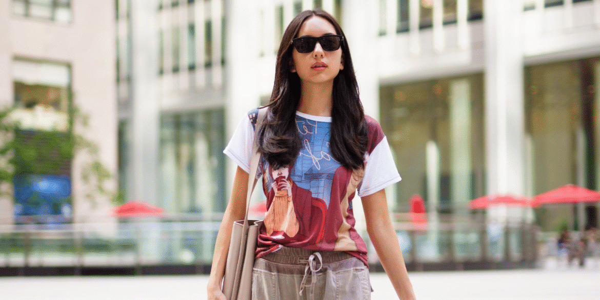 A person wearing a Storyteller’s Closet art-driven T-shirt, embodying narrative fashion in a cityscape.